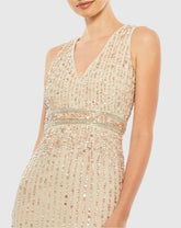 Beige Sequined Sleeveless V-Neck Midi Sheath Dress